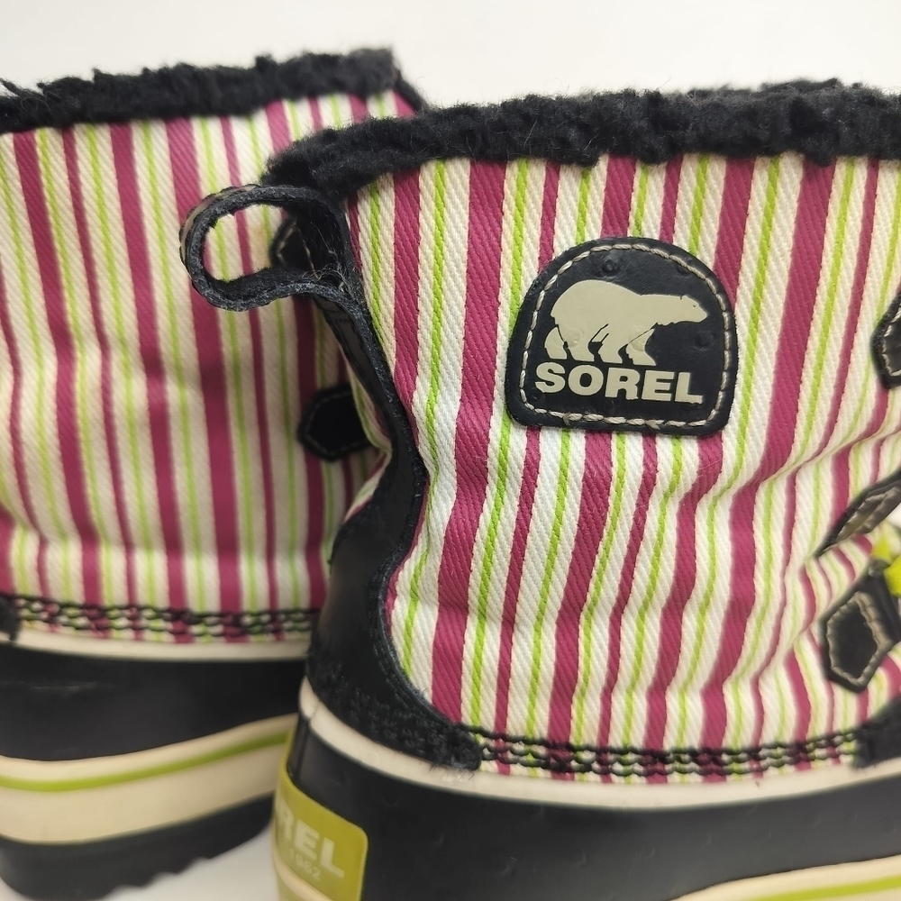 SOREL Tivoli Rubber Pink Green Striped Youth 4 Winter Duck Boots Faux Fur Trim - Picture 11 of 15
